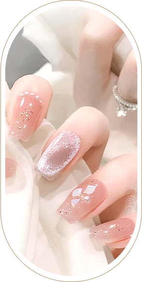 Soft pink glitter acrylic nail manicure