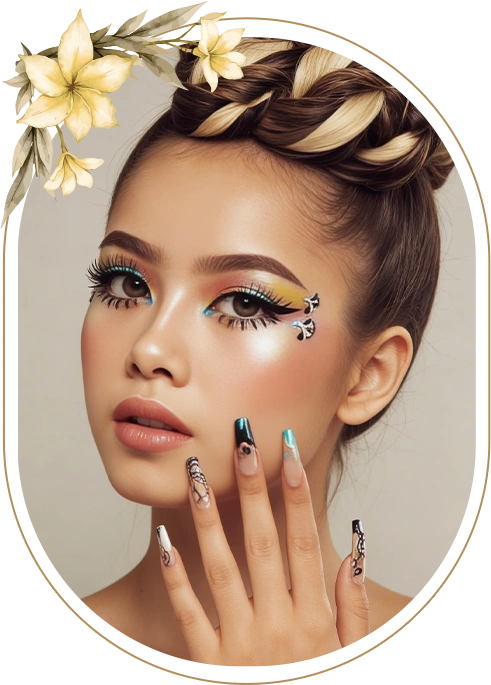 Glam makeup portrait with elegant nail art