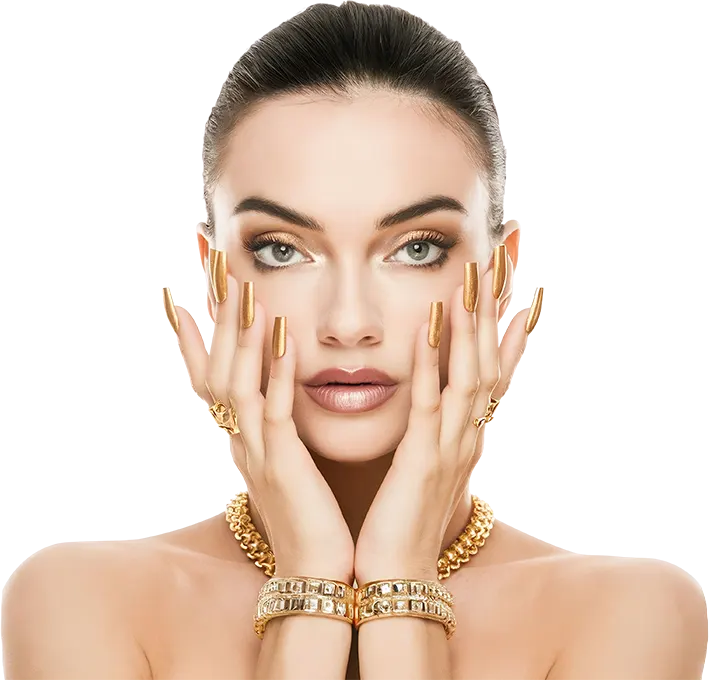 Beauty skincare portrait with glowing skin gold theme nails